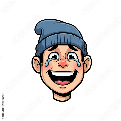 A cartoon illustration of a person's head wearing a blue beanie, laughing hysterically with tears streaming down their face.