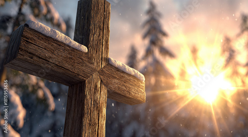 Christian Christmas card. A Christian wooden cross in a snowdrift in the mountains.