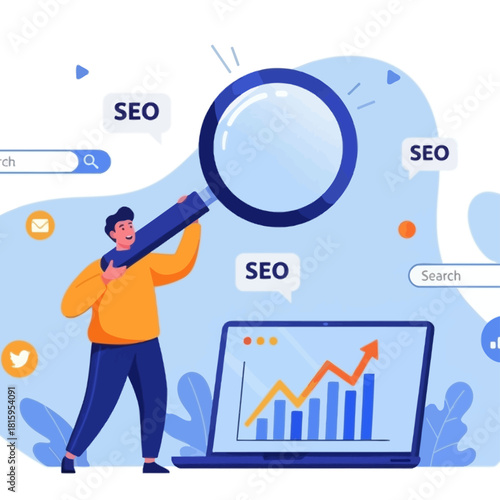 A man using a large magnifying glass to analyze search engine optimization (SEO) data on a laptop, showing digital marketing analytics and growth.
