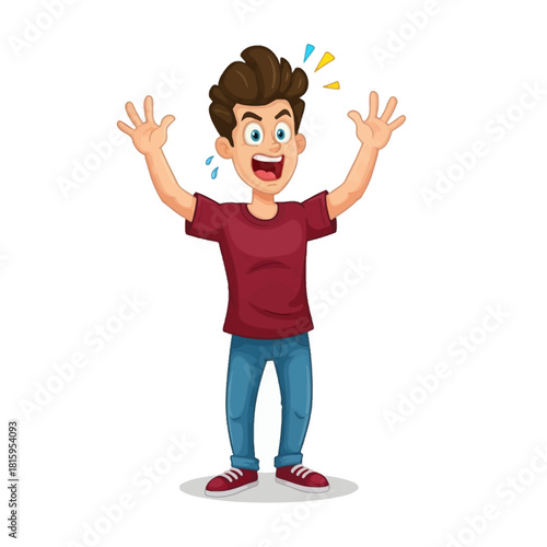 A cartoon illustration of a young man looking shocked and scared with his hands raised.