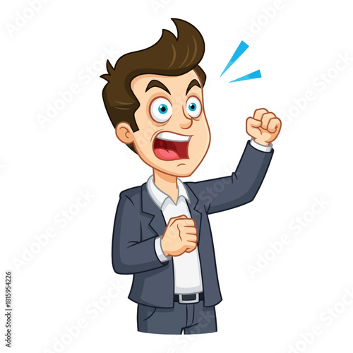 A cartoon illustration of an angry man in a suit clenching his fists and shouting, expressing frustration or protest.