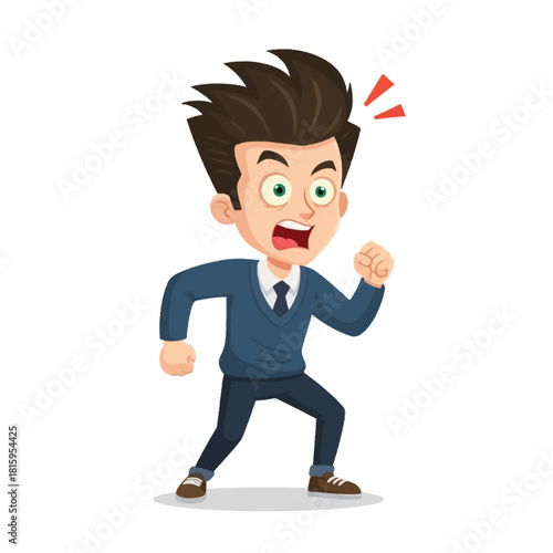 A cartoon illustration of an angry young boy with spiky hair, clenching his fists and shouting with wide eyes.