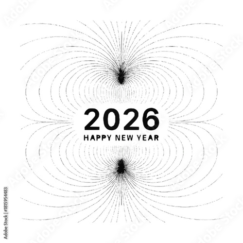 Happy new year 2026 with magnetic field lines isolated on white background