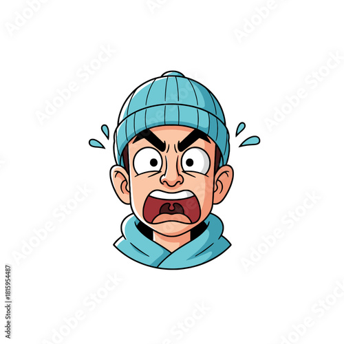 Cartoon illustration of a young man with a shocked and scared expression wearing a blue beanie.