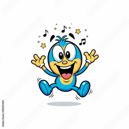 A cheerful blue and yellow cartoon character jumping with joy, surrounded by musical notes and stars, expressing happiness and excitement.