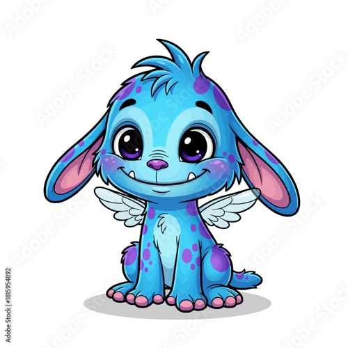 A cute cartoon blue monster with purple spots, big ears, and small wings sitting down.