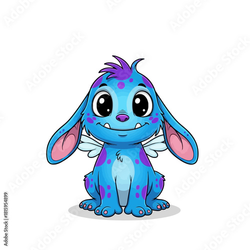 Cute cartoon blue monster with purple spots, big eyes, long ears, and small wings, smiling happily.