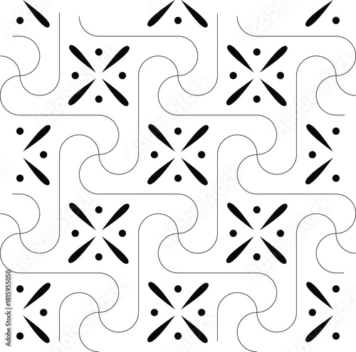 Black and white abstract geometric labyrinth pattern with repetitive ornate elements and curved lines vector design.