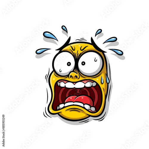 Cartoon yellow face screaming in extreme fear and panic with wide eyes and sweat drops, depicting intense distress and terror.