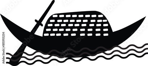 Stylized traditional longboat icon with an oar moving on wavy water, flat vector illustration for graphic design elements