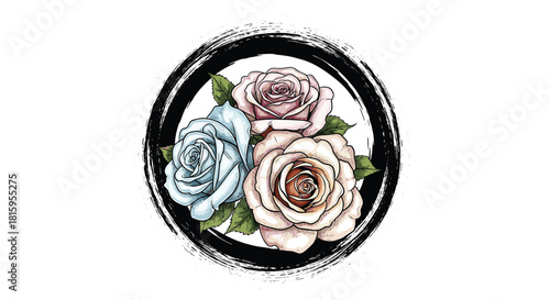 A beautiful bouquet of three realistic roses in pink blue and cream colors framed by a circular black ink brush stroke.