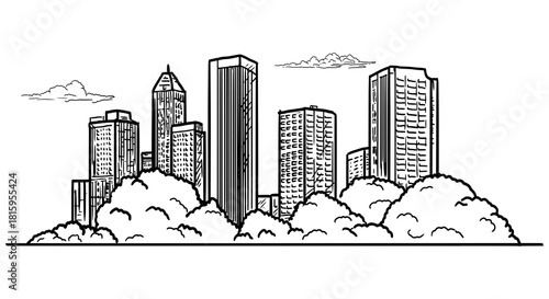 The silhouette of a megalopolis city and lush bushes of parks, a black and white sketch. Vector illustration. Tall multi-storey buildings and clouds are isolated on a white background.