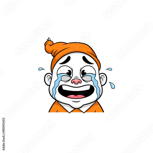 Cartoon illustration of a crying child with an orange hat and shirt.