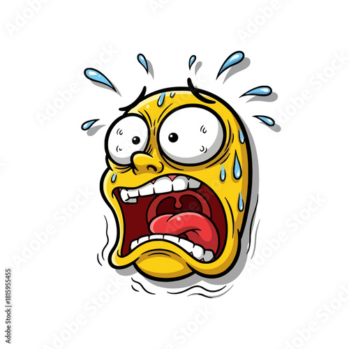 A cartoon yellow face with wide eyes and open mouth screaming in fear, sweating profusely.