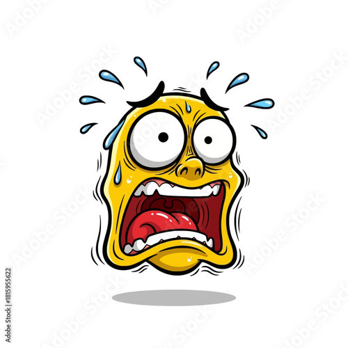A cartoon illustration of a terrified yellow face screaming with wide eyes and sweat drops, conveying extreme fear and panic.