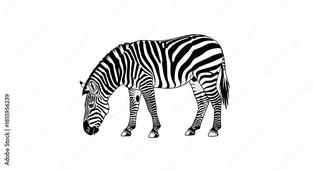 Obraz premium A black and white illustration of a zebra grazing on a white background.