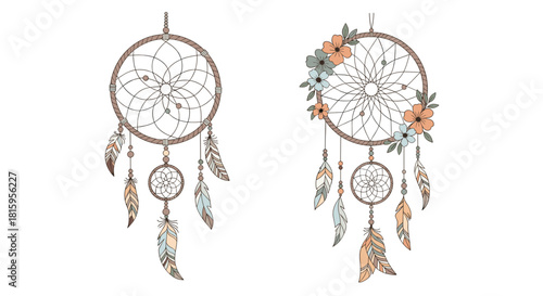 Two beautiful hand-drawn dreamcatcher illustrations one simple and one adorned with pastel flowers in a bohemian style design.