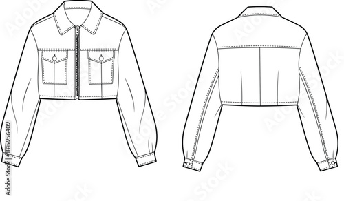 Cropped jacket, fashion sketch, technical illustration, front view, back view, puff sleeve, buttoned cuffs, chest pockets, yoke detail, garment design