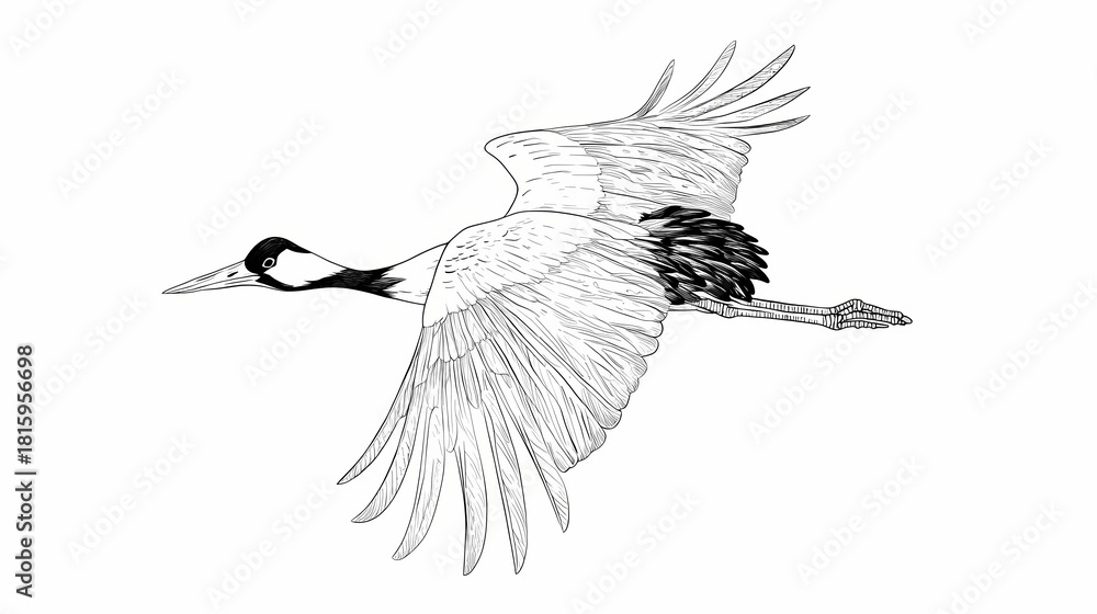 Fototapeta premium Detailed black and white illustration depicts a large wading bird in soaring flight against a blank background