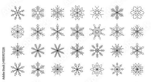 A large and diverse collection of twenty-eight geometric snowflake icons in a clean black pixel line art style for winter designs.