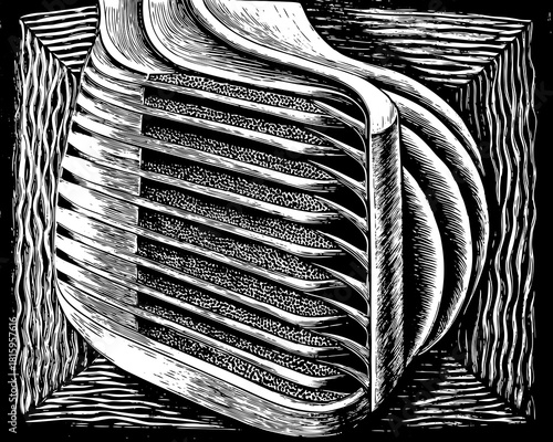 Abstract black and white woodcut of a stylized radiator design