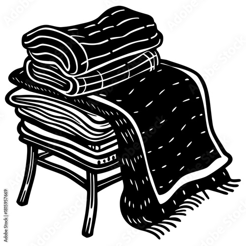 Black and white illustration of folded blankets on a stool