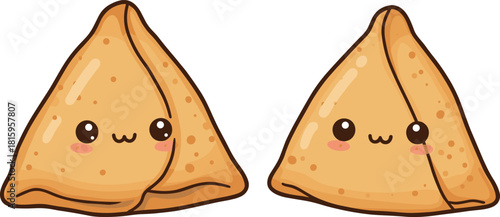 Cute samosa cartoon, smiling snack characters, Indian food illustration, kawaii style, kids menu design, cultural cuisine, happy samosas, adorable faces