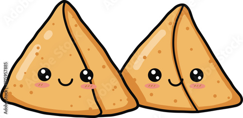Cute samosa characters, cartoon food illustration, happy snacks, Indian street food, kawaii style, kids menu, adorable appetizer, smiling samosas