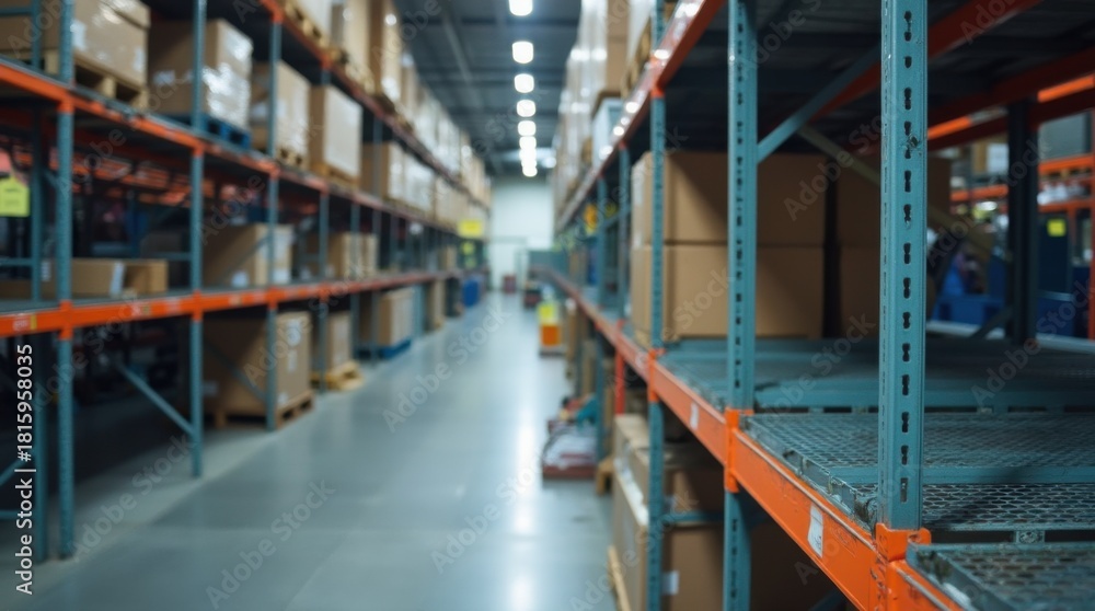 Fototapeta premium Empty Metal Shelving in Warehouse with Blurred Background