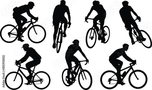 Cycling silhouette, bike riders, road bikes, dynamic motion, helmet safety, sport activity, vector art, outdoor exercise, black background, posture variety