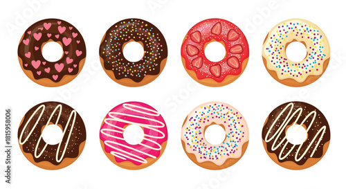 A delicious-looking set of eight assorted donuts with various colorful frostings sprinkles and toppings perfect for bakery menus.