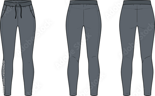 Dark gray jogger pants, front view, back view, angled rear, elastic waistband, drawstring, fashion sketch, apparel design, garment illustration