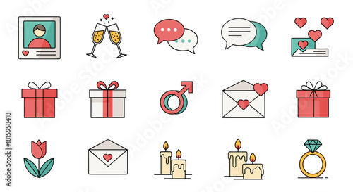A set of fifteen colorful line art icons related to love romance and dating perfect for Valentine's Day or wedding designs.
