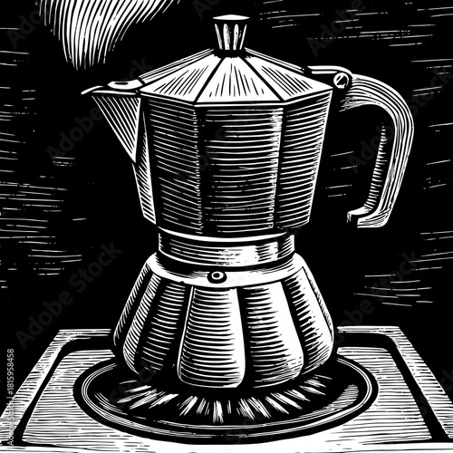 Vintage moka pot on a stove with flame underneath it