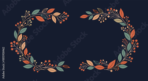 A beautiful floral frame of hand-drawn autumn leaves and berries forming a semi-circular border on a dark navy blue background.