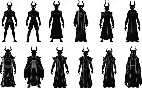 Dark horned demon character evolution, fantasy villain silhouette set, evil creature costume design, gothic monster illustration collection for game and concept art