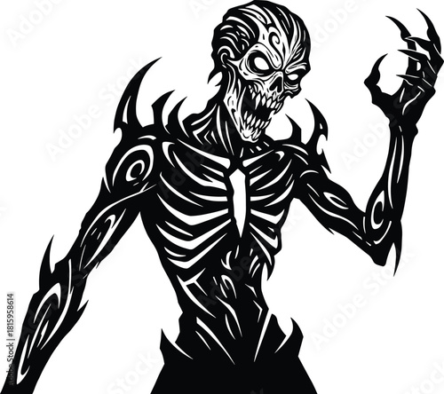 Dark skeletal monster illustration, horror creature design, tribal fantasy villain, scary undead character, black ink drawing, graphic novel concept art