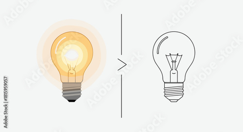 A concept illustration comparing a glowing yellow light bulb representing an idea with a simple black and white outline version.