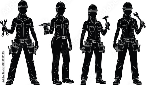 Female construction worker silhouette vector set, woman engineer with tools, builder holding wrench drill hammer, industrial labor design, repair illustration