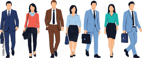 Diverse business people characters walking, corporate team concept, professional men and women, flat vector illustration, isolated on white background, success