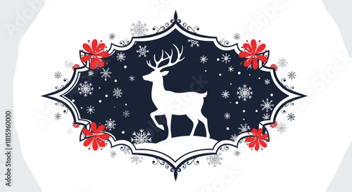 A beautiful Christmas winter scene with a white deer silhouette inside an ornate frame decorated with snowflakes and red flowers.
