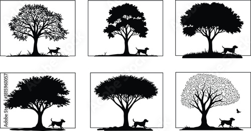 Dog silhouette under diverse tree shapes, nature scene, forest animal illustration, black and white vector, wildlife, landscape, peaceful moment, art