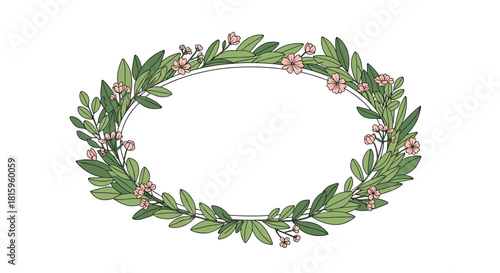 An elegant oval wreath made of hand-drawn green leaves and delicate pink flowers with a clean border for text or invitations.