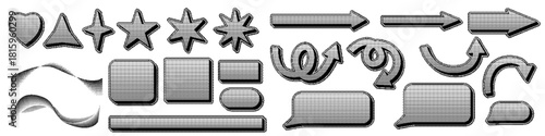 Pixel Dither Gradient Vector Elements Set. Halftone Retro Arrows and Buttons