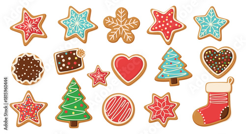A festive collection of various decorated gingerbread Christmas cookies including stars trees a stocking and a heart shape for holidays.