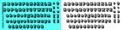 Pixel Dither Gradient Relief Alphabet Vector Set. Grungy Halftone Game Font and Digits