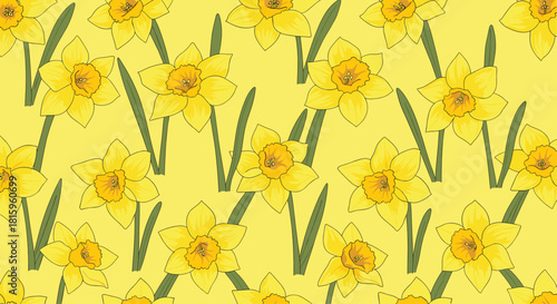 A bright and cheerful seamless pattern of yellow daffodil flowers with green stems covering a solid light yellow background for spring.