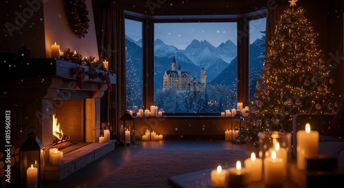 Cozy living room with fireplace and Christmas tree