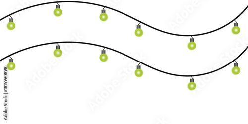 Two wavy strings of glowing light green party lights hanging against a plain white background.