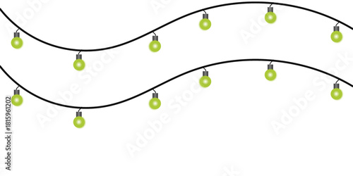 Two wavy strings of glowing light green party lights hanging against a plain white background.